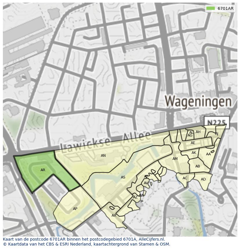 Afbeelding van het postcodegebied 6701 AR op de kaart.