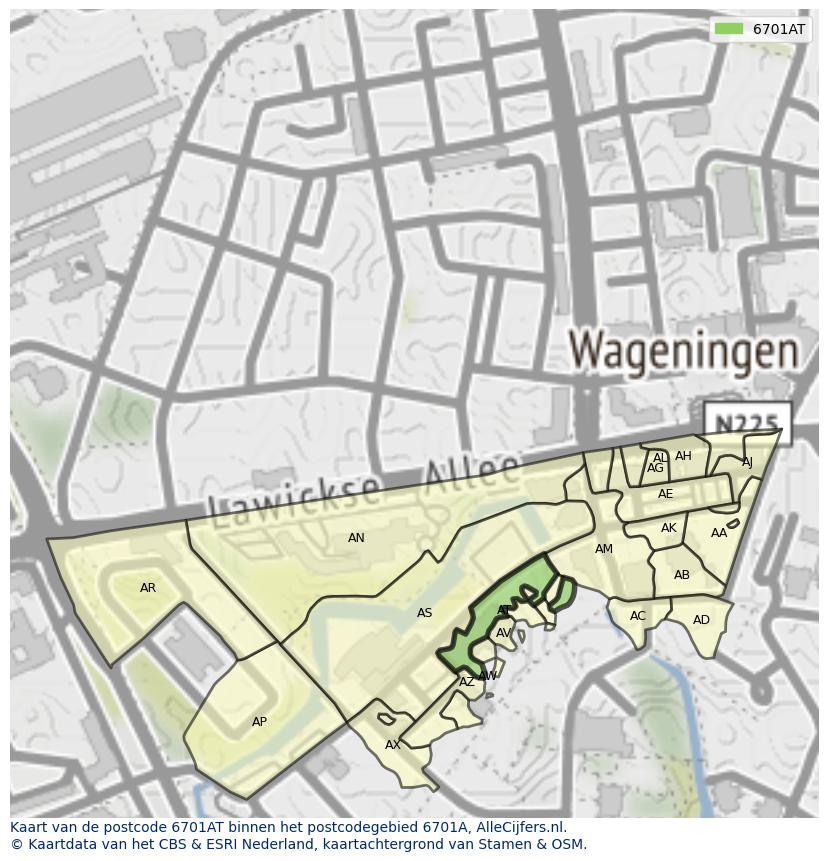 Afbeelding van het postcodegebied 6701 AT op de kaart.