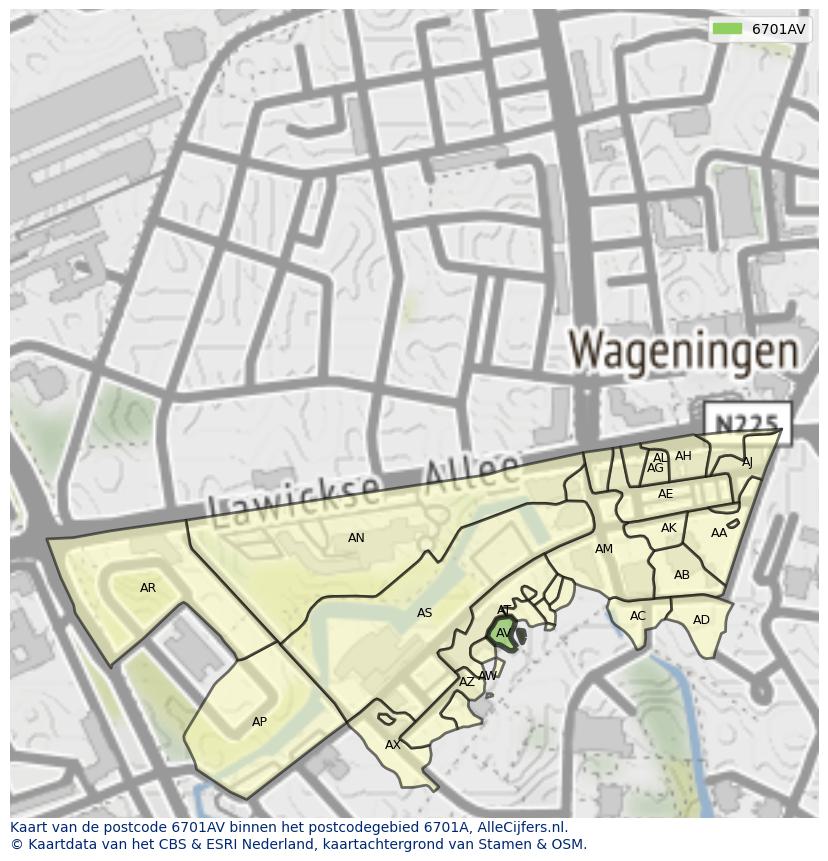 Afbeelding van het postcodegebied 6701 AV op de kaart.