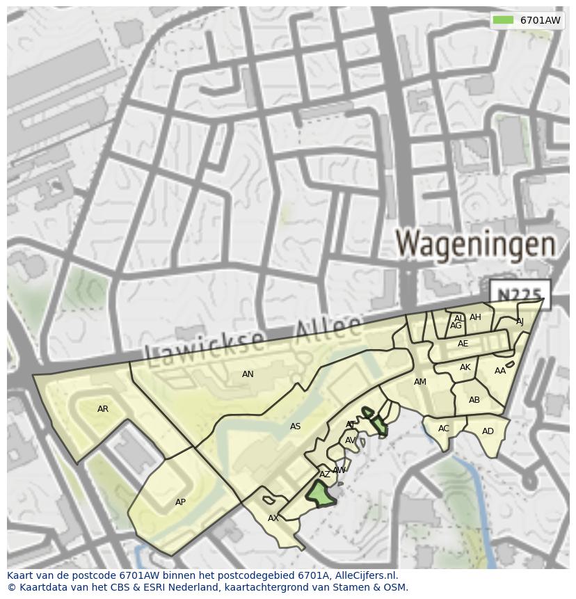 Afbeelding van het postcodegebied 6701 AW op de kaart.