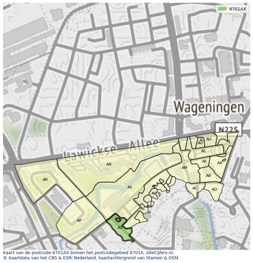 Afbeelding van het postcodegebied 6701 AX op de kaart.