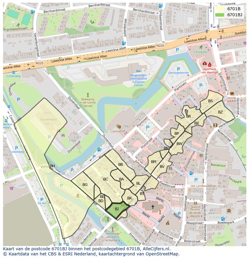 Afbeelding van het postcodegebied 6701 BJ op de kaart.