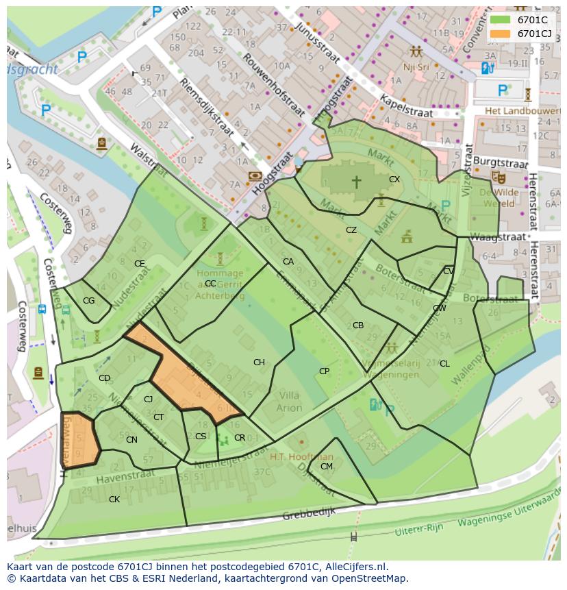 Afbeelding van het postcodegebied 6701 CJ op de kaart.