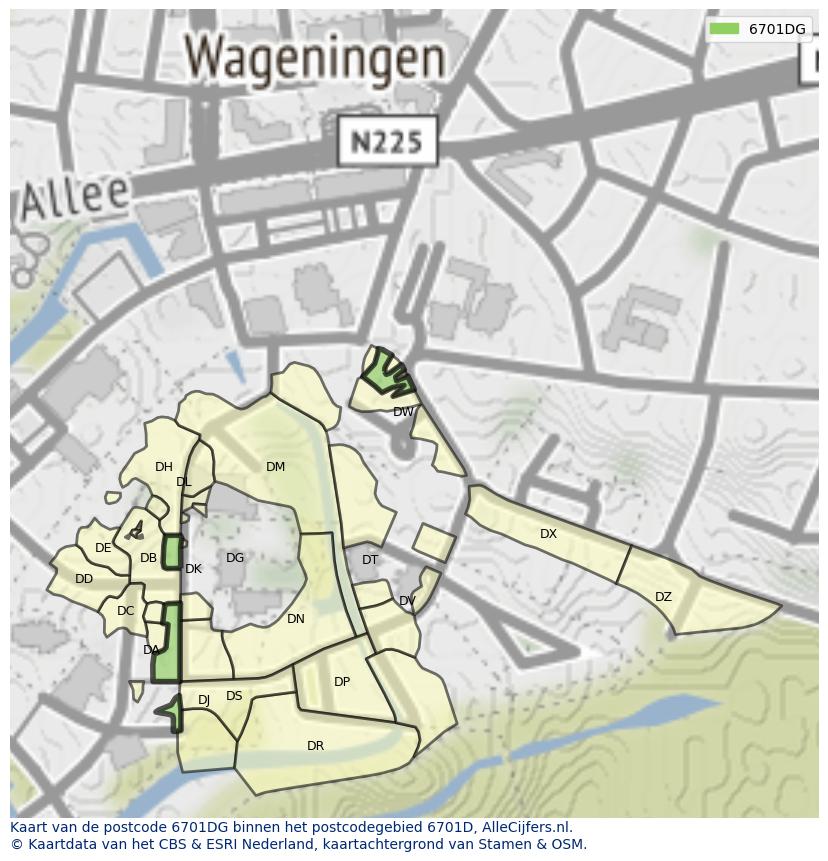 Afbeelding van het postcodegebied 6701 DG op de kaart.