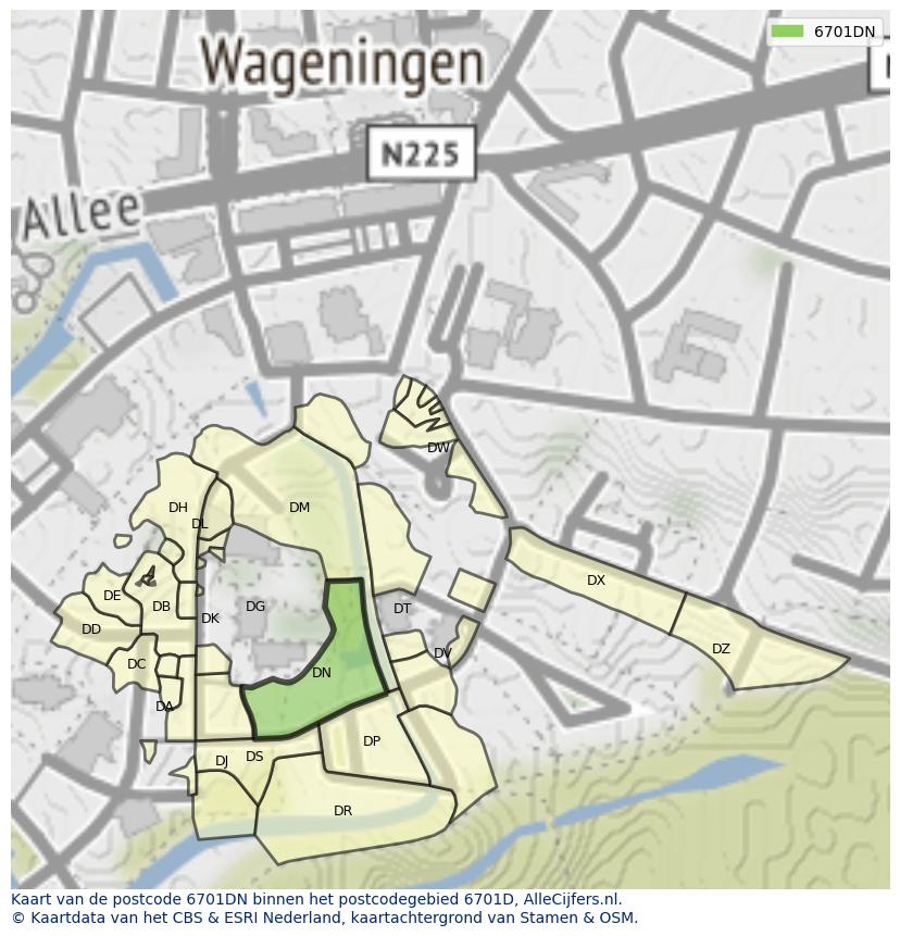 Afbeelding van het postcodegebied 6701 DN op de kaart.