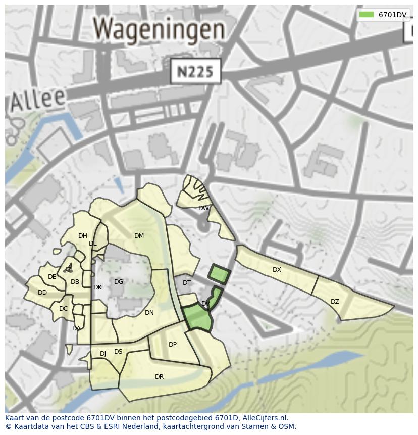 Afbeelding van het postcodegebied 6701 DV op de kaart.