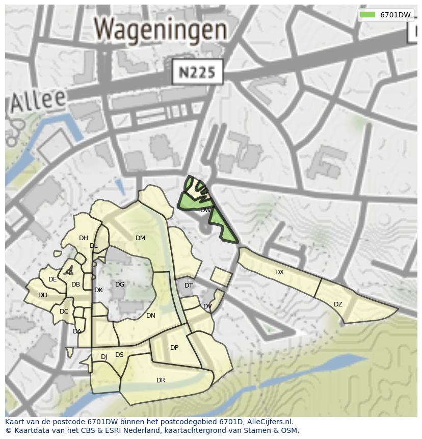 Afbeelding van het postcodegebied 6701 DW op de kaart.