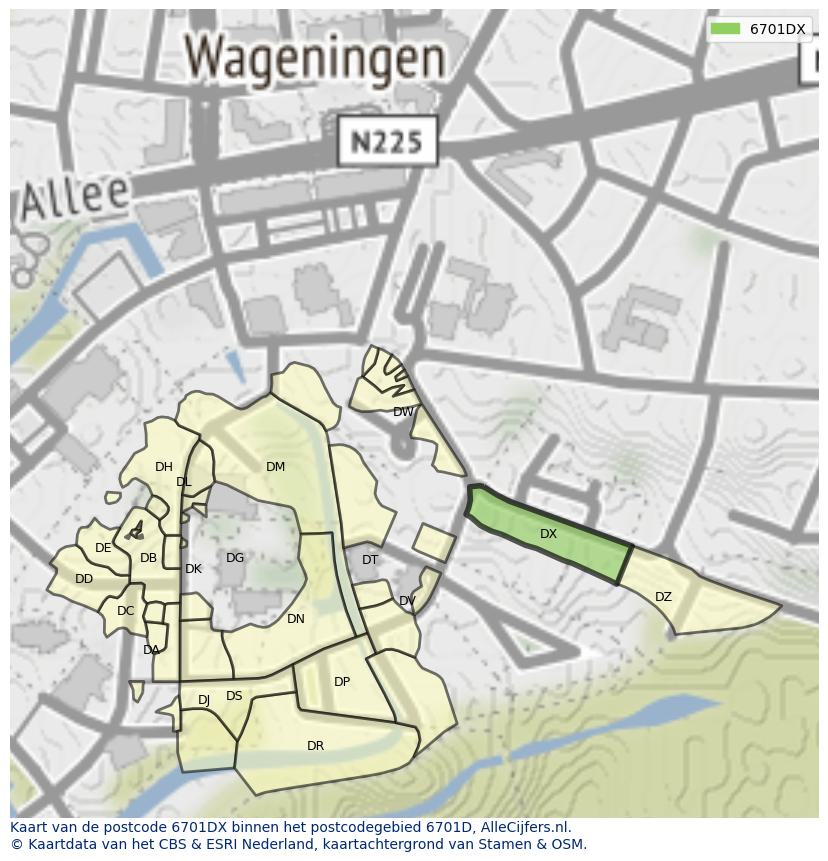 Afbeelding van het postcodegebied 6701 DX op de kaart.