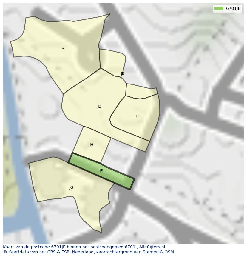 Afbeelding van het postcodegebied 6701 JE op de kaart.