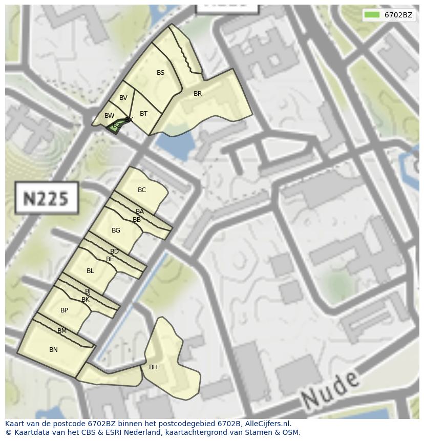 Afbeelding van het postcodegebied 6702 BZ op de kaart.