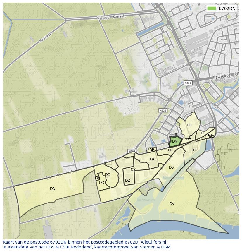 Afbeelding van het postcodegebied 6702 DN op de kaart.