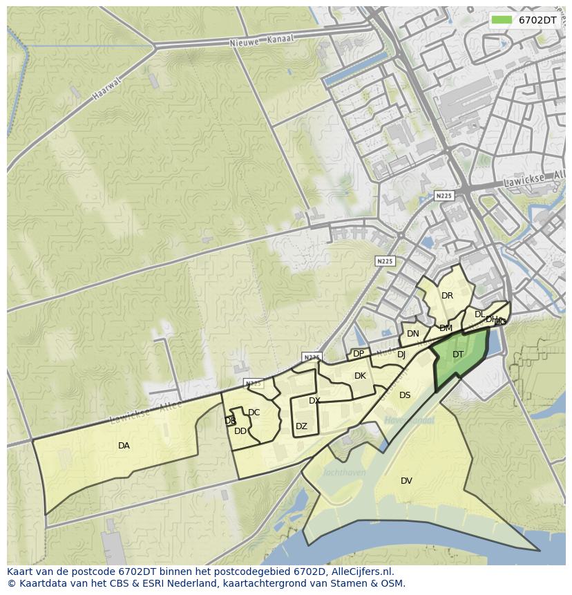 Afbeelding van het postcodegebied 6702 DT op de kaart.