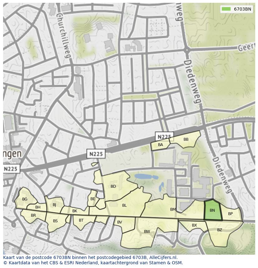 Afbeelding van het postcodegebied 6703 BN op de kaart.