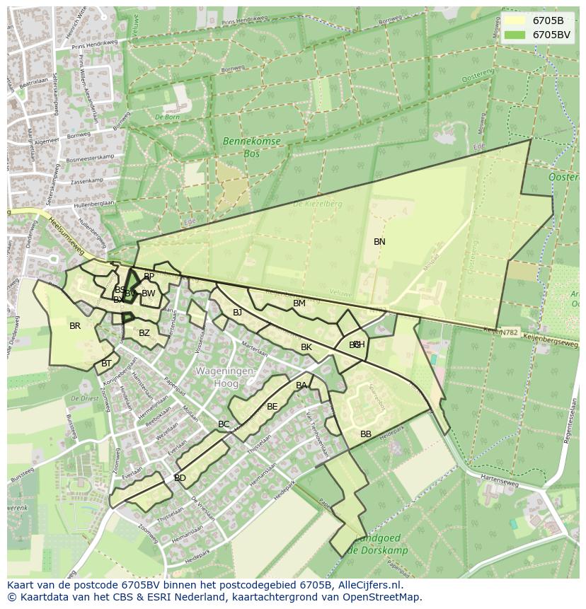 Afbeelding van het postcodegebied 6705 BV op de kaart.