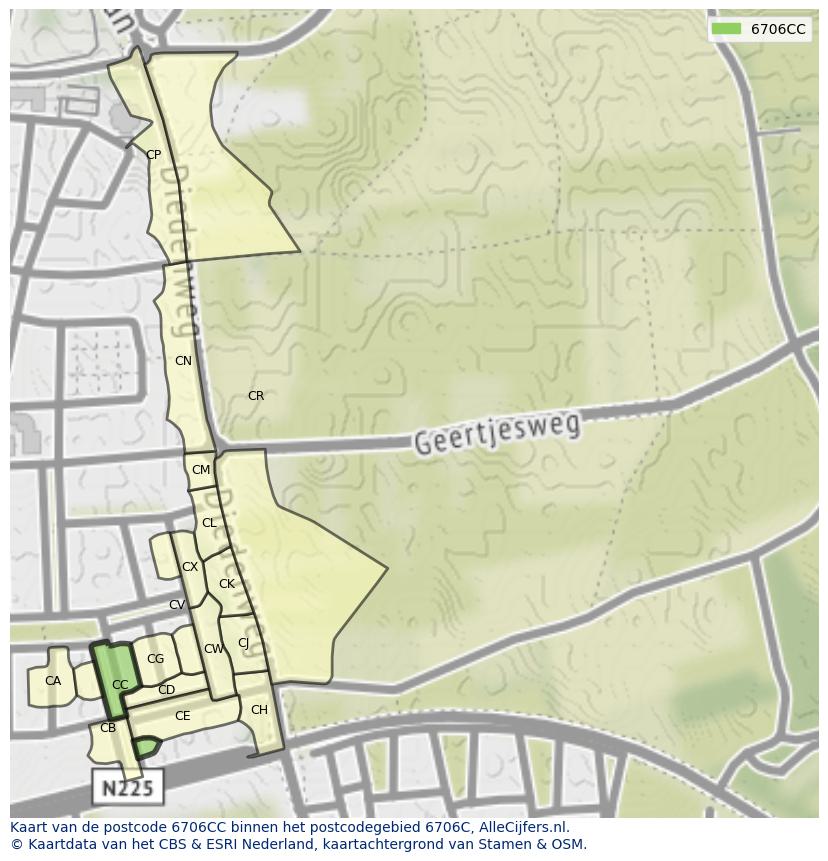 Afbeelding van het postcodegebied 6706 CC op de kaart.