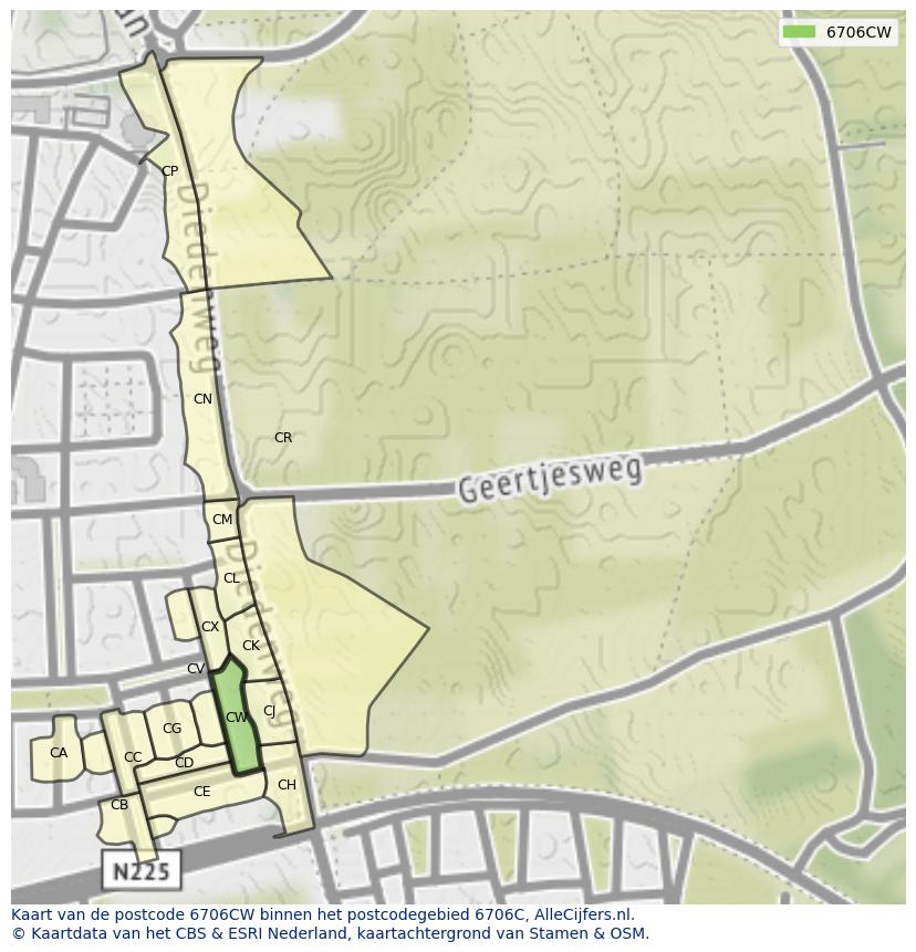 Afbeelding van het postcodegebied 6706 CW op de kaart.