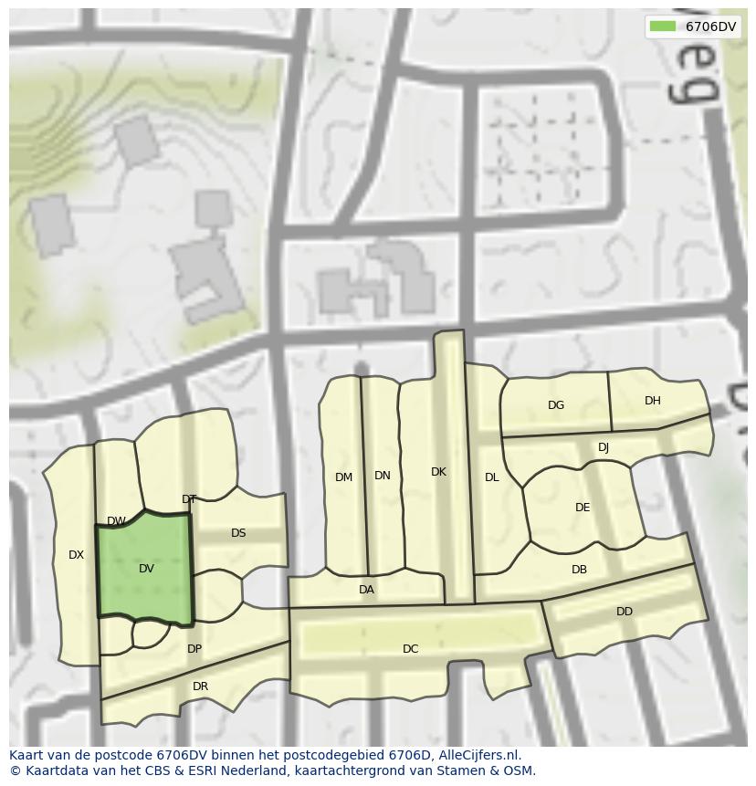 Afbeelding van het postcodegebied 6706 DV op de kaart.
