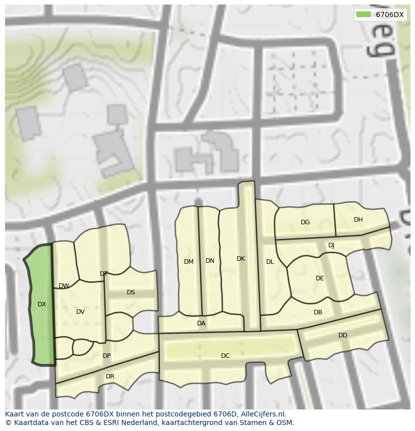 Afbeelding van het postcodegebied 6706 DX op de kaart.