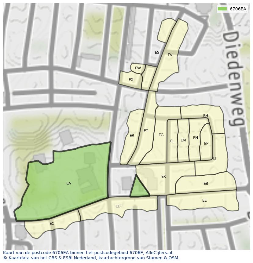 Afbeelding van het postcodegebied 6706 EA op de kaart.