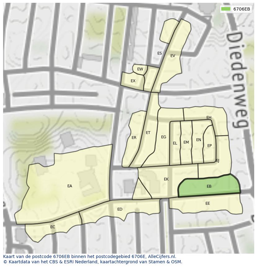 Afbeelding van het postcodegebied 6706 EB op de kaart.
