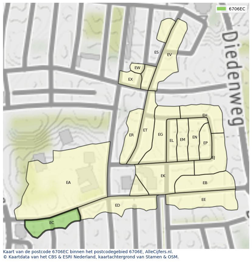 Afbeelding van het postcodegebied 6706 EC op de kaart.
