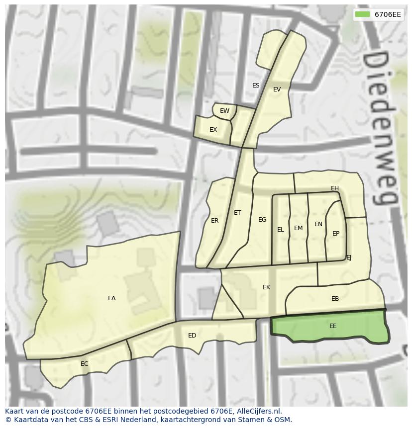 Afbeelding van het postcodegebied 6706 EE op de kaart.