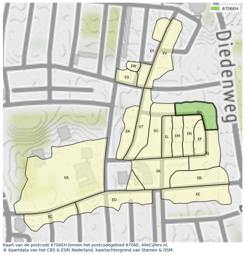 Afbeelding van het postcodegebied 6706 EH op de kaart.