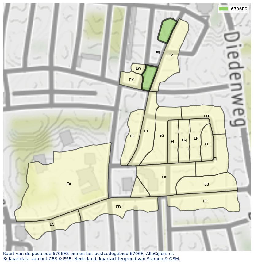 Afbeelding van het postcodegebied 6706 ES op de kaart.