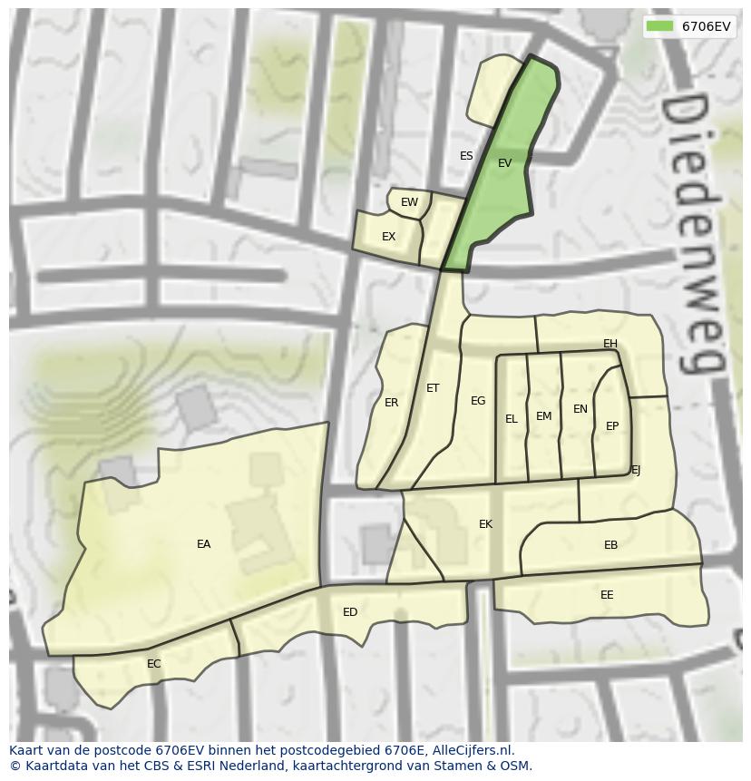 Afbeelding van het postcodegebied 6706 EV op de kaart.