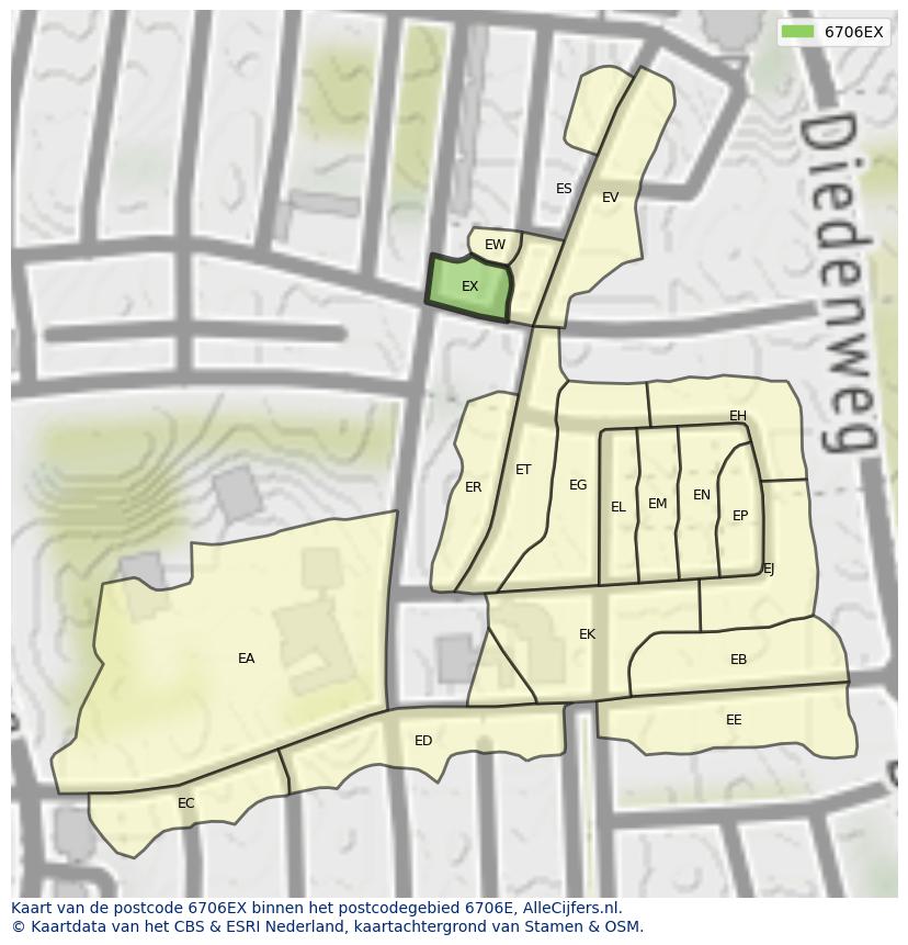 Afbeelding van het postcodegebied 6706 EX op de kaart.