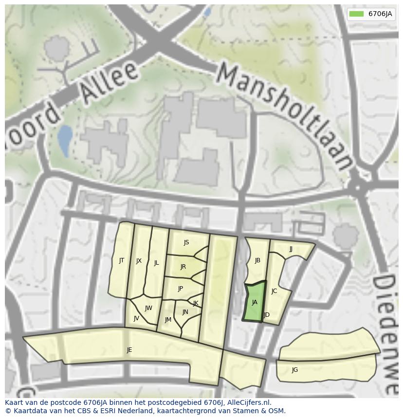 Afbeelding van het postcodegebied 6706 JA op de kaart.