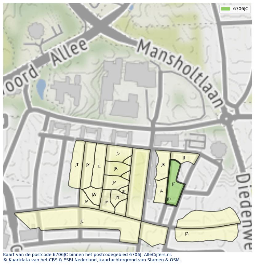 Afbeelding van het postcodegebied 6706 JC op de kaart.