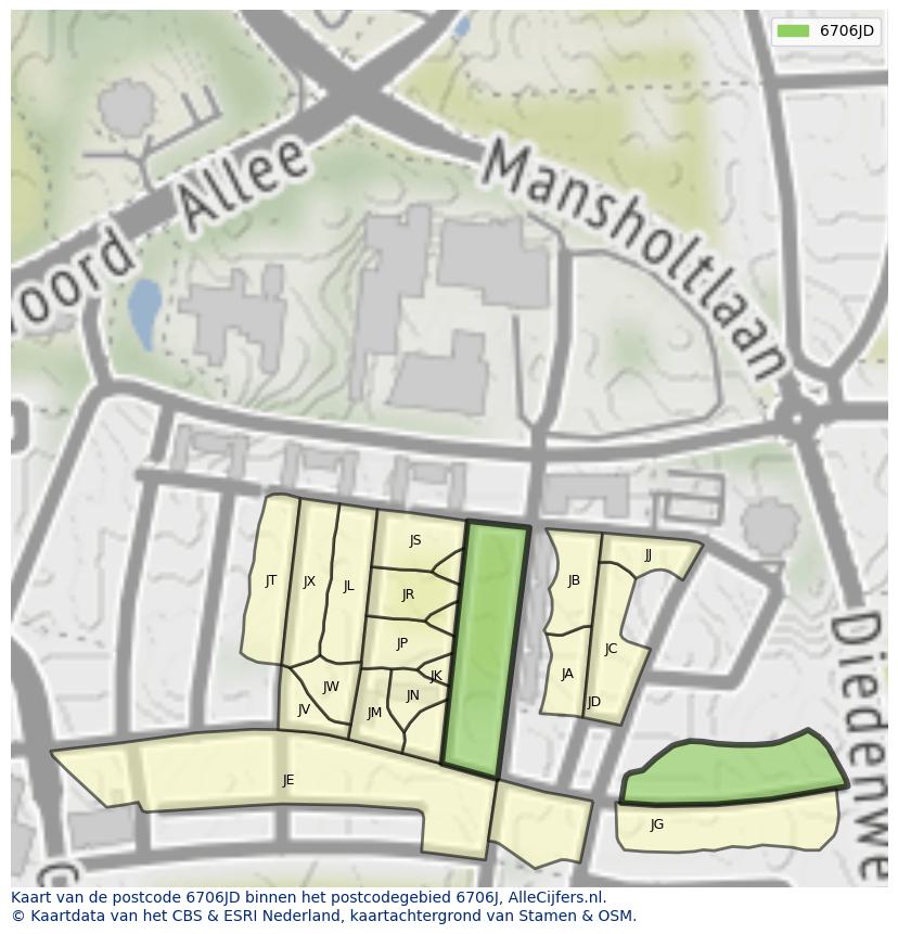 Afbeelding van het postcodegebied 6706 JD op de kaart.