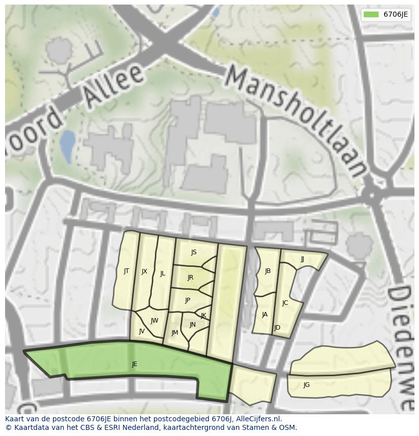 Afbeelding van het postcodegebied 6706 JE op de kaart.