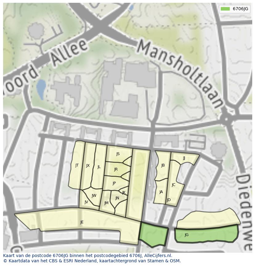 Afbeelding van het postcodegebied 6706 JG op de kaart.