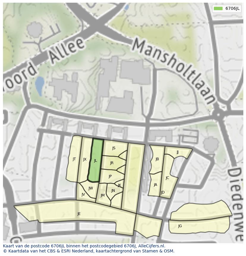 Afbeelding van het postcodegebied 6706 JL op de kaart.