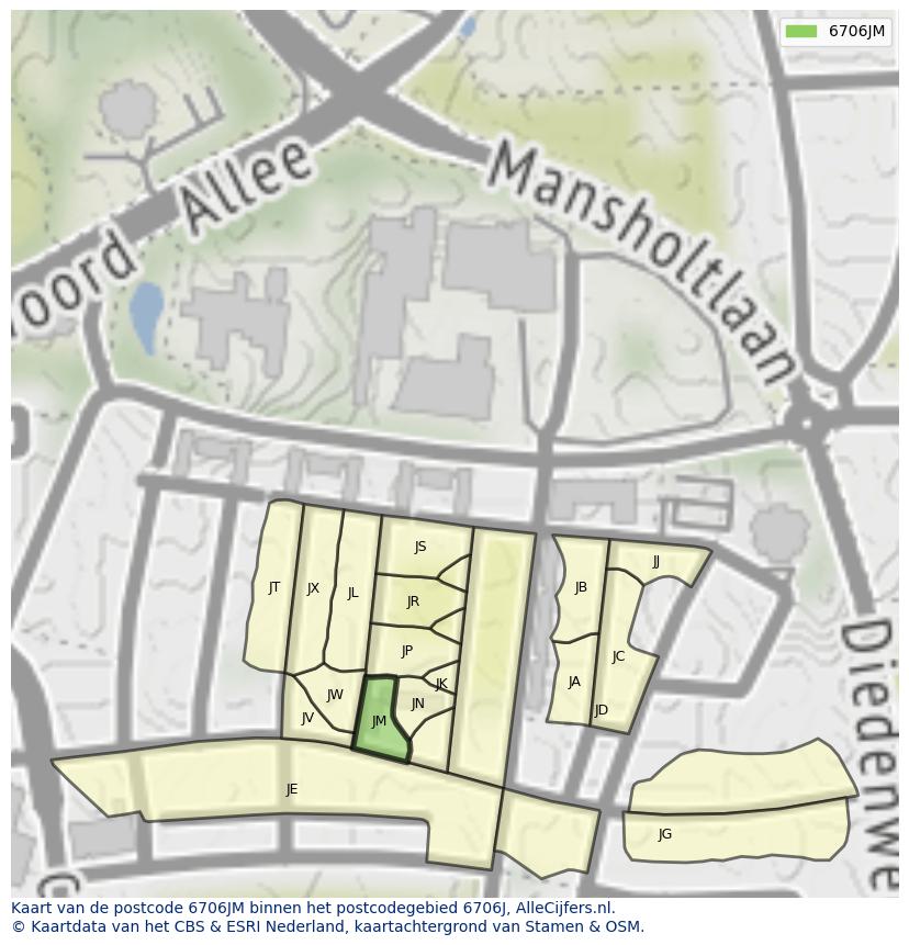 Afbeelding van het postcodegebied 6706 JM op de kaart.