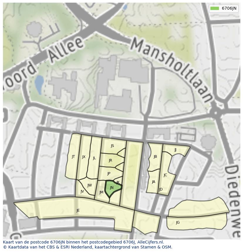 Afbeelding van het postcodegebied 6706 JN op de kaart.