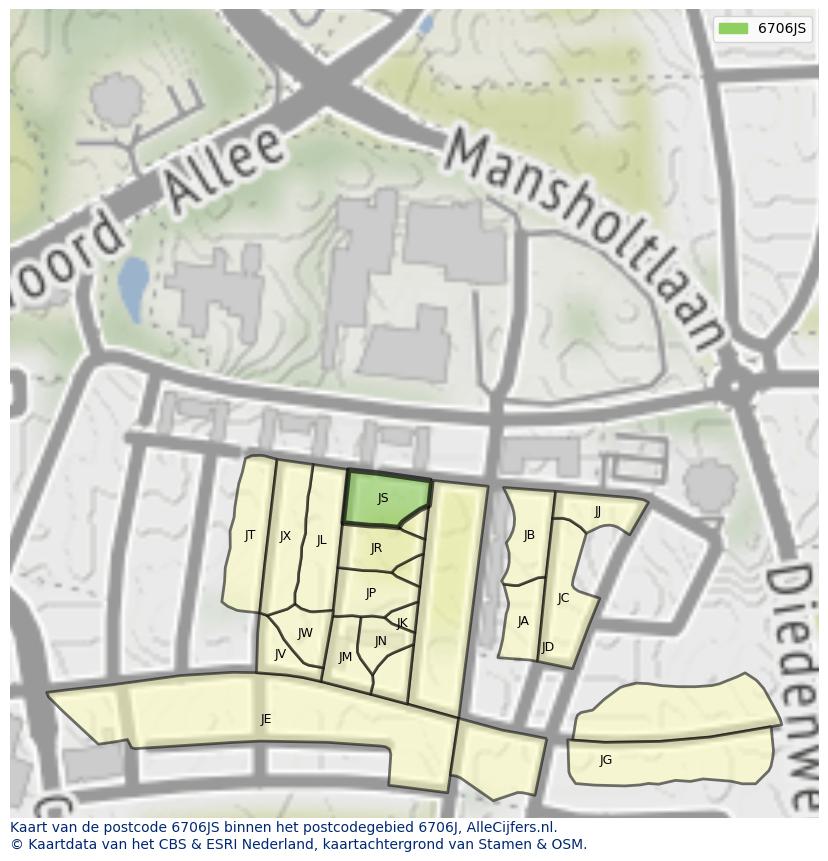 Afbeelding van het postcodegebied 6706 JS op de kaart.