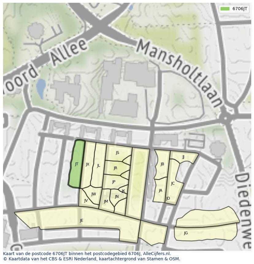 Afbeelding van het postcodegebied 6706 JT op de kaart.