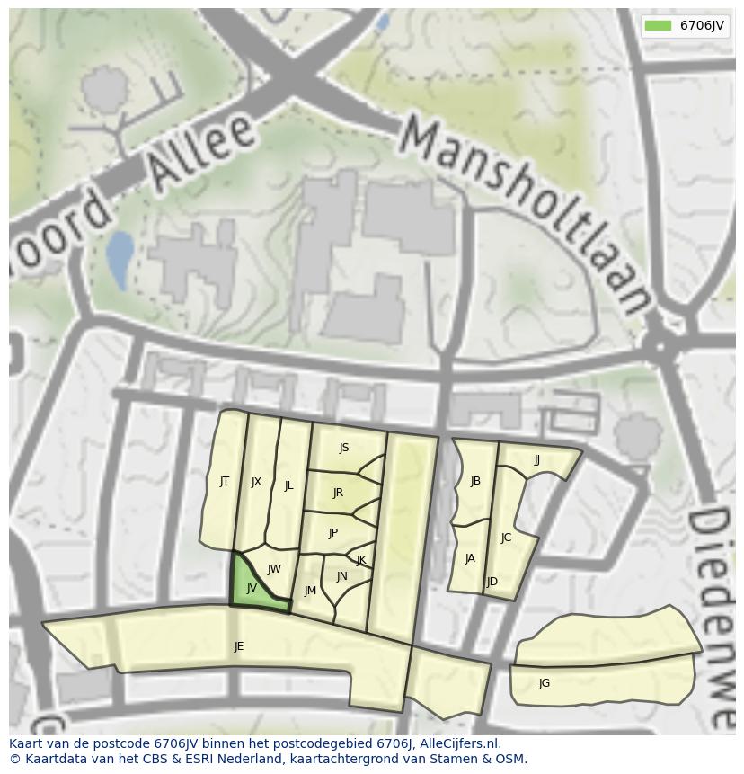 Afbeelding van het postcodegebied 6706 JV op de kaart.