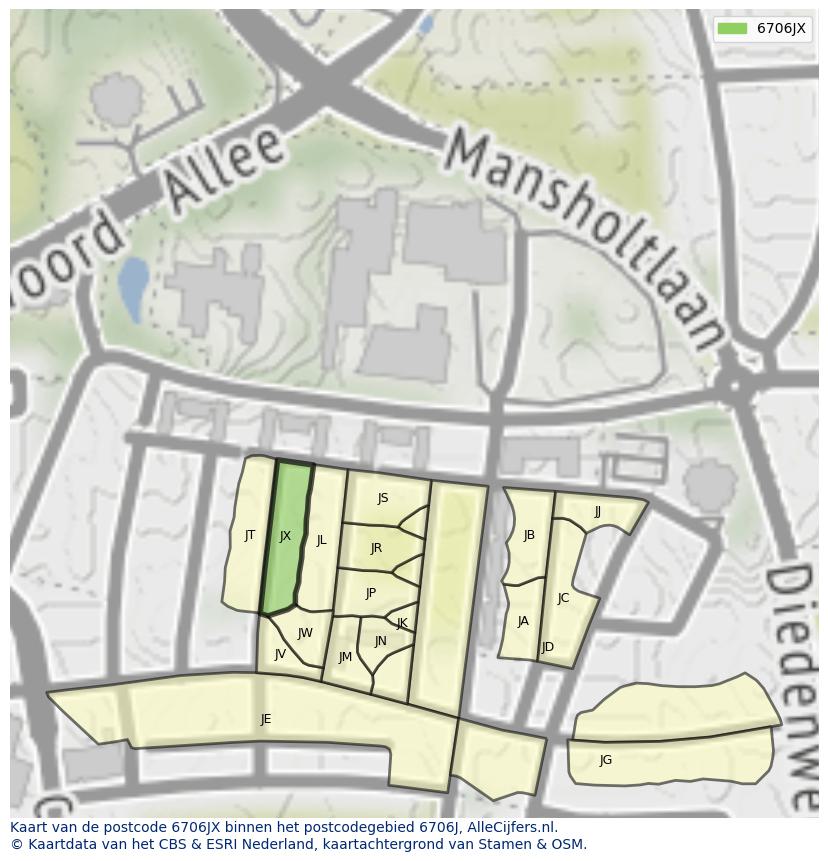 Afbeelding van het postcodegebied 6706 JX op de kaart.
