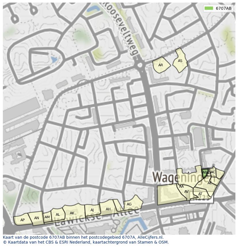Afbeelding van het postcodegebied 6707 AB op de kaart.