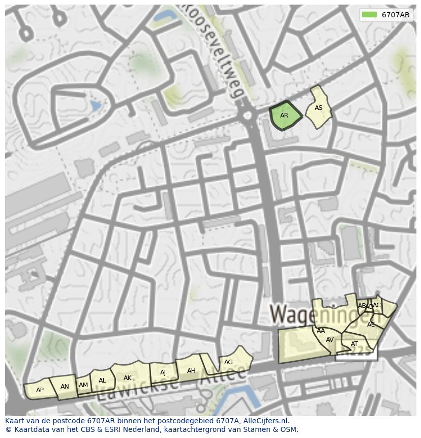 Afbeelding van het postcodegebied 6707 AR op de kaart.
