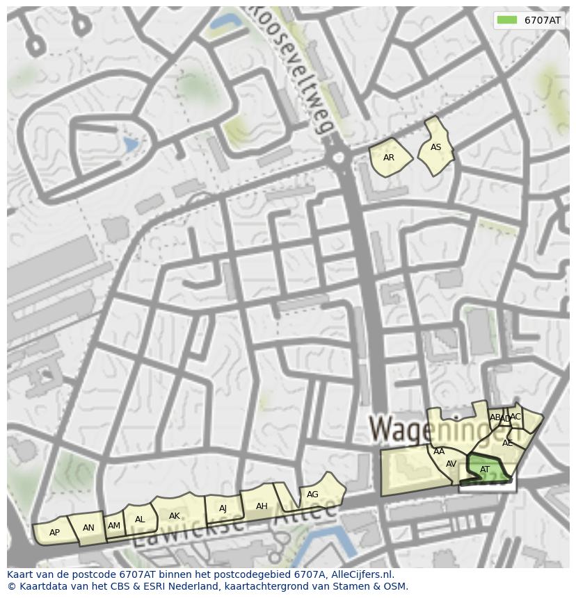Afbeelding van het postcodegebied 6707 AT op de kaart.