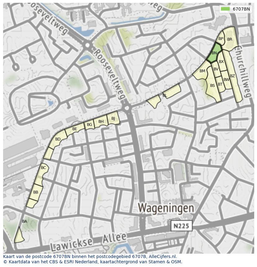 Afbeelding van het postcodegebied 6707 BN op de kaart.