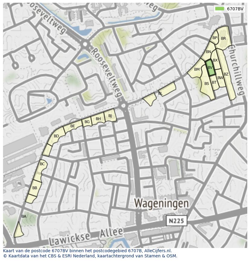 Afbeelding van het postcodegebied 6707 BV op de kaart.