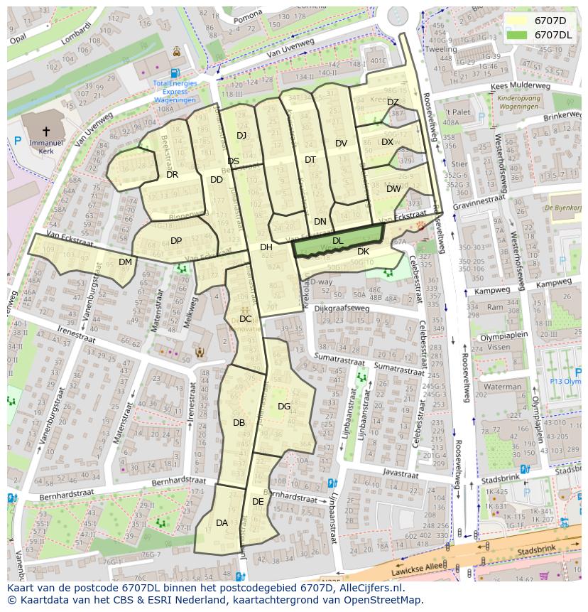 Afbeelding van het postcodegebied 6707 DL op de kaart.