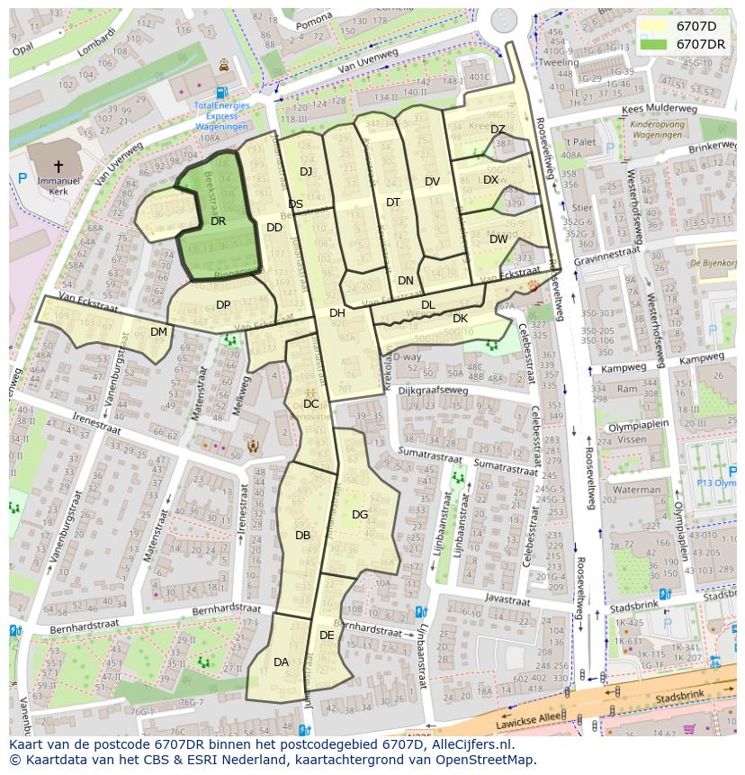 Afbeelding van het postcodegebied 6707 DR op de kaart.