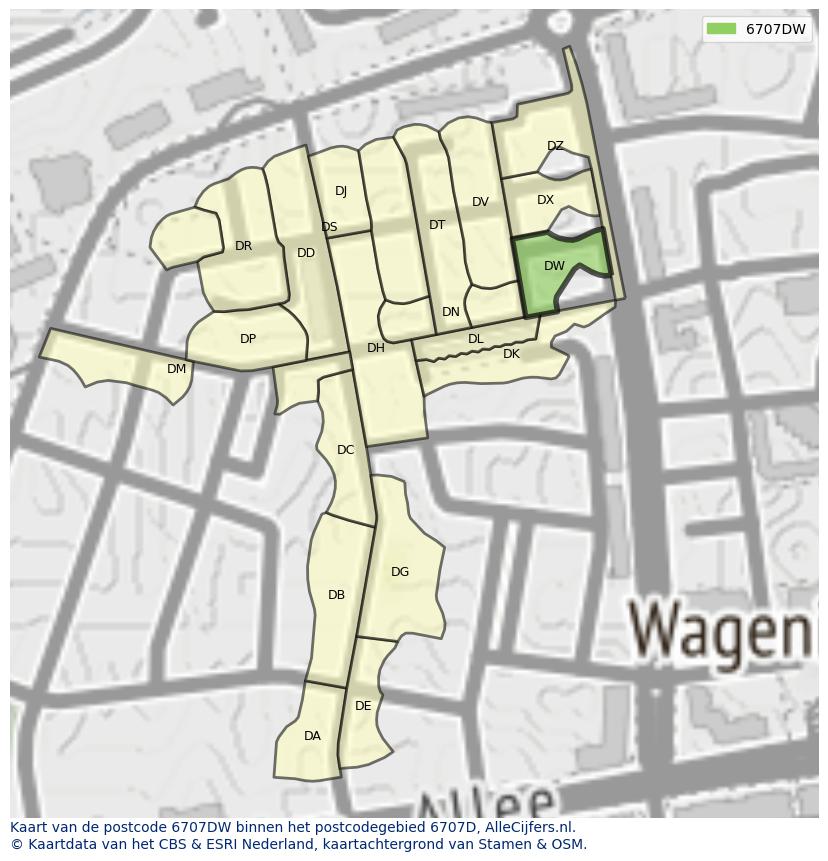 Afbeelding van het postcodegebied 6707 DW op de kaart.
